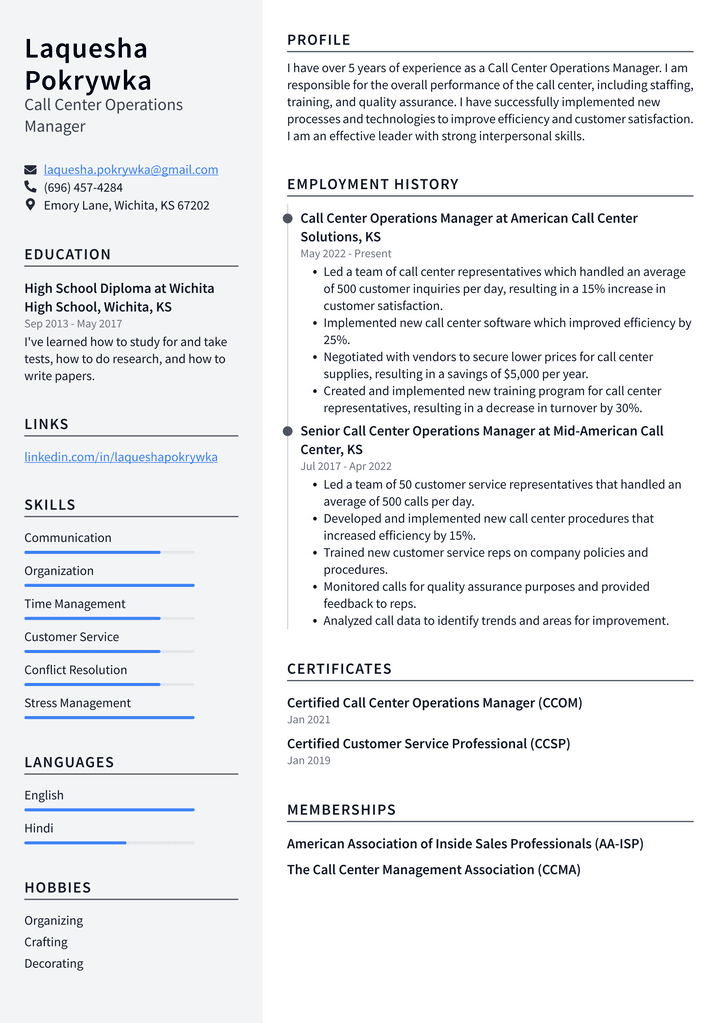 Call Center Operations Manager Resume Example