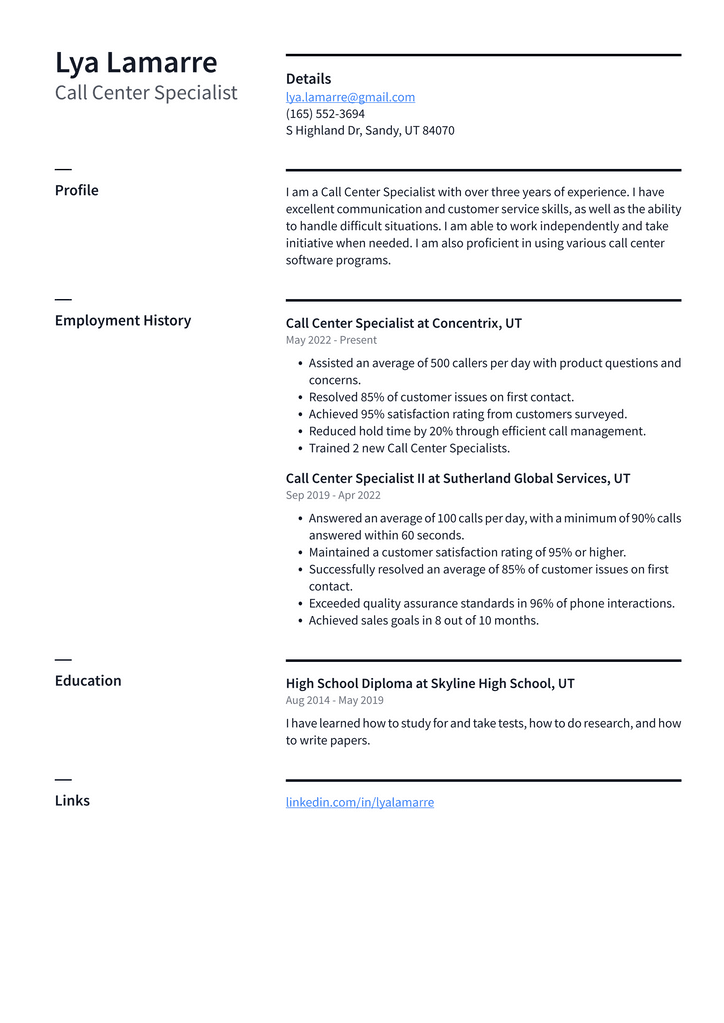 Call Center Specialist Resume Example