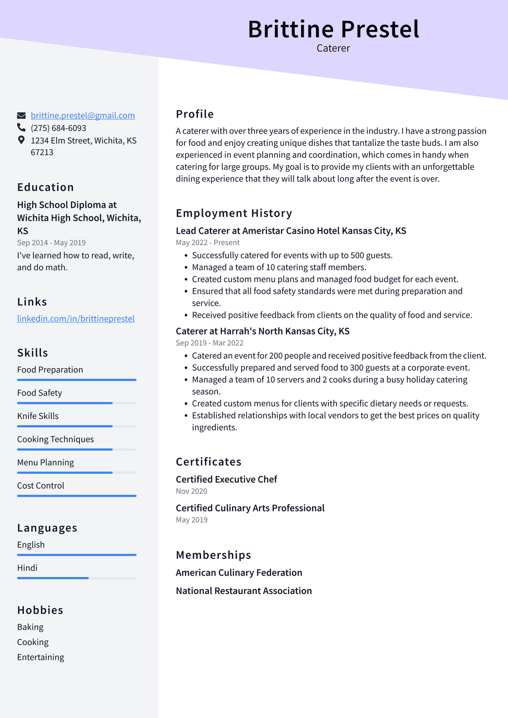 Hospitality and Catering Resume Example and Writing Guide - ResumeLawyer