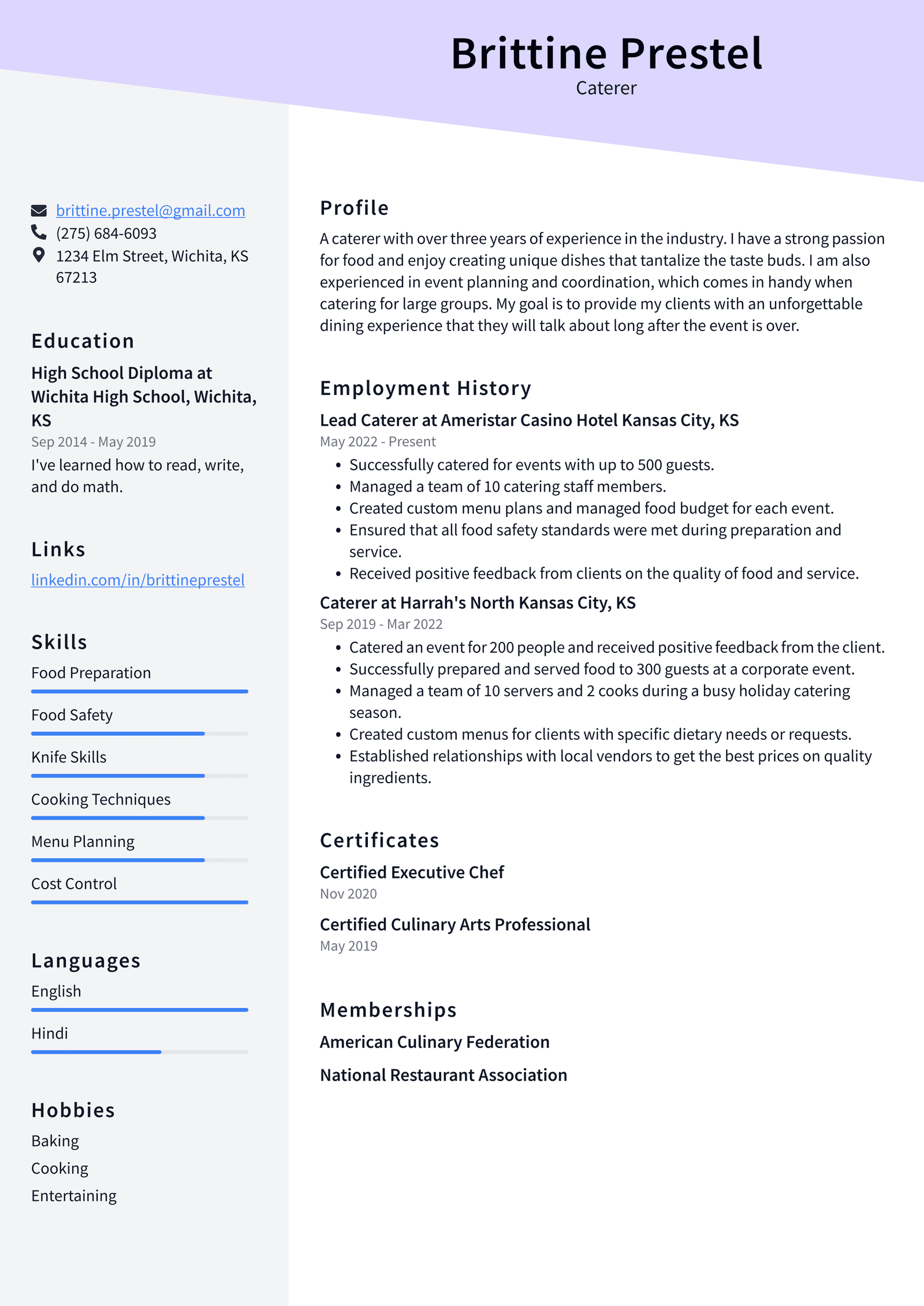 Hospitality and Catering Resume Example and Writing Guide ResumeLawyer