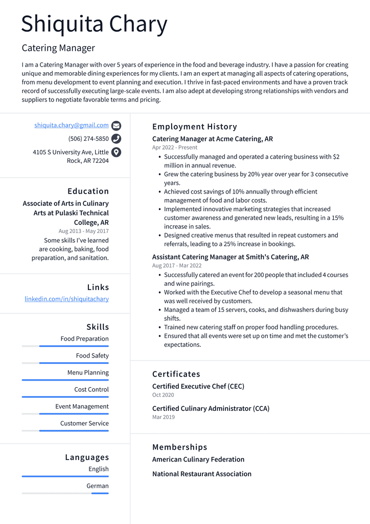 Catering Manager Resume Example