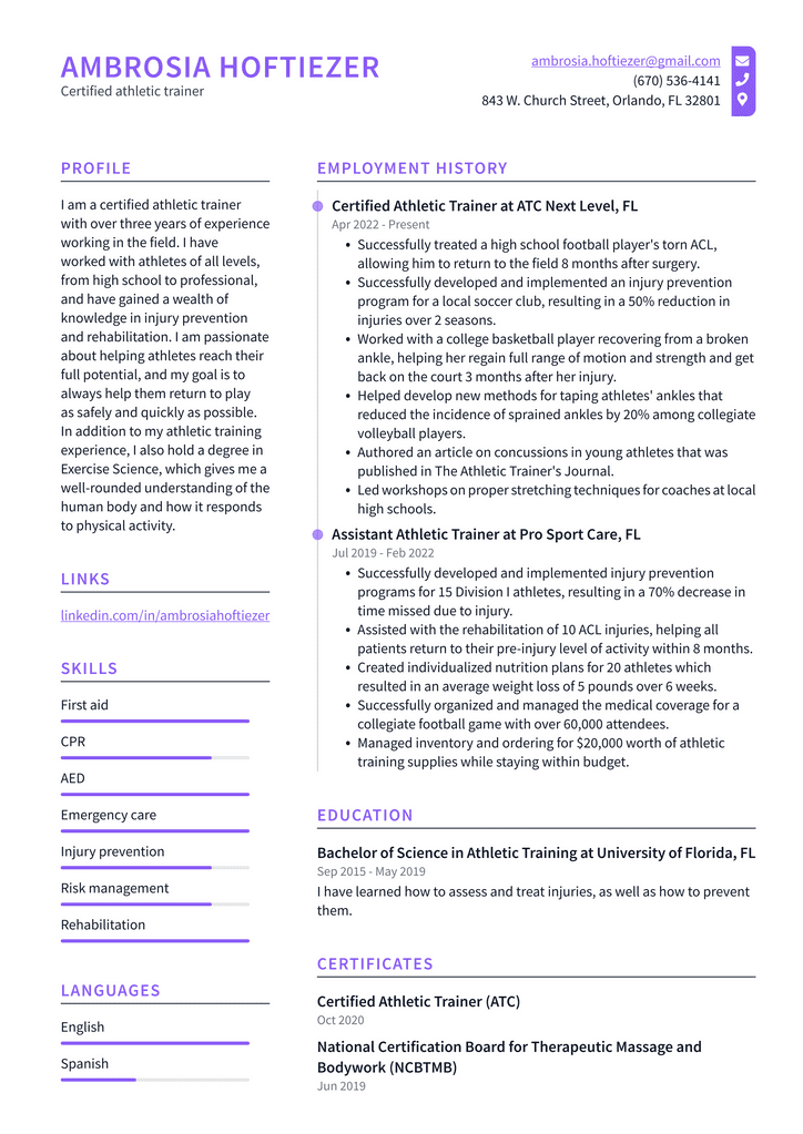 Certified athletic trainer Resume Example
