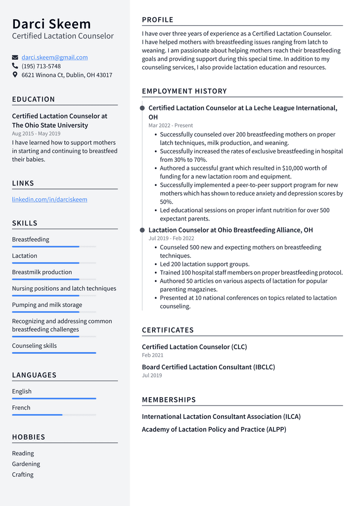 Certified Lactation Counselor Resume Example