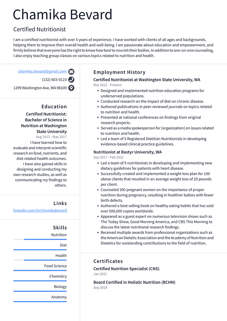 Certified Nutritionist Resume Example