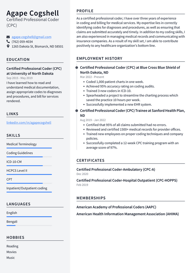 Medical Coder Resume Example and Writing Guide - ResumeLawyer