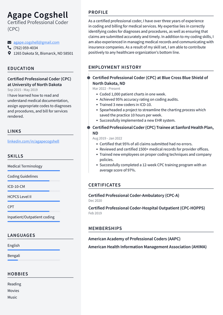 Certified Professional Coder (CPC) Resume Example