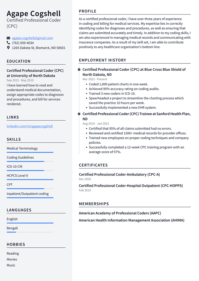 Medical Coder Resume Example and Writing Guide - ResumeLawyer