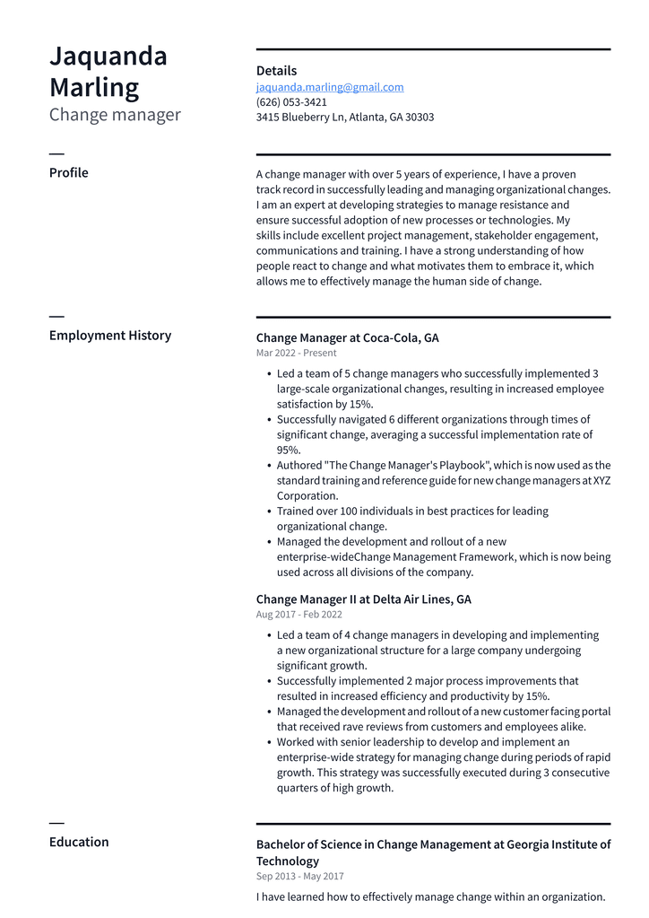 Change manager Resume Example