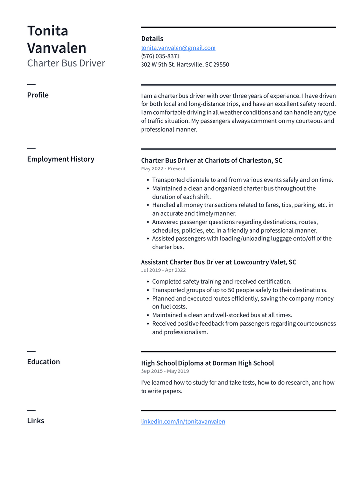 Charter Bus Driver Resume Example