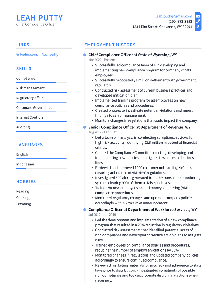 Chief Compliance Officer Resume Example