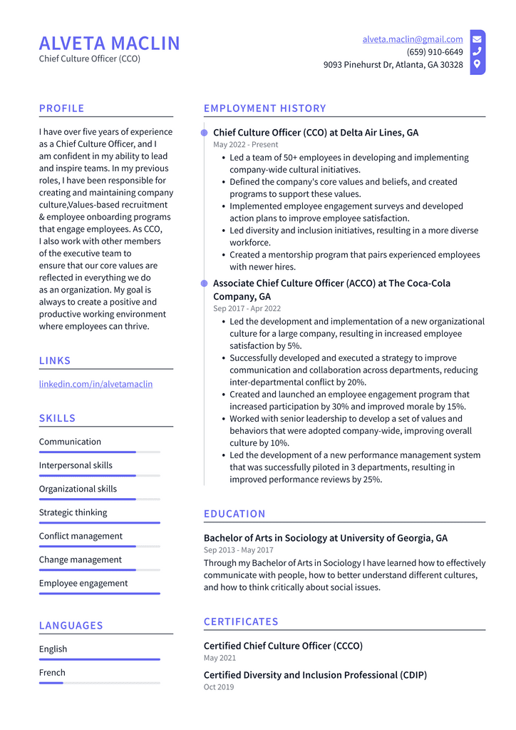 Chief Culture Officer (CCO) Resume Example