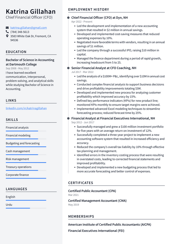 Chief Financial Officer (CFO) Resume Example