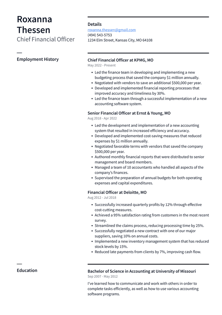 Chief Financial Officer Resume Example