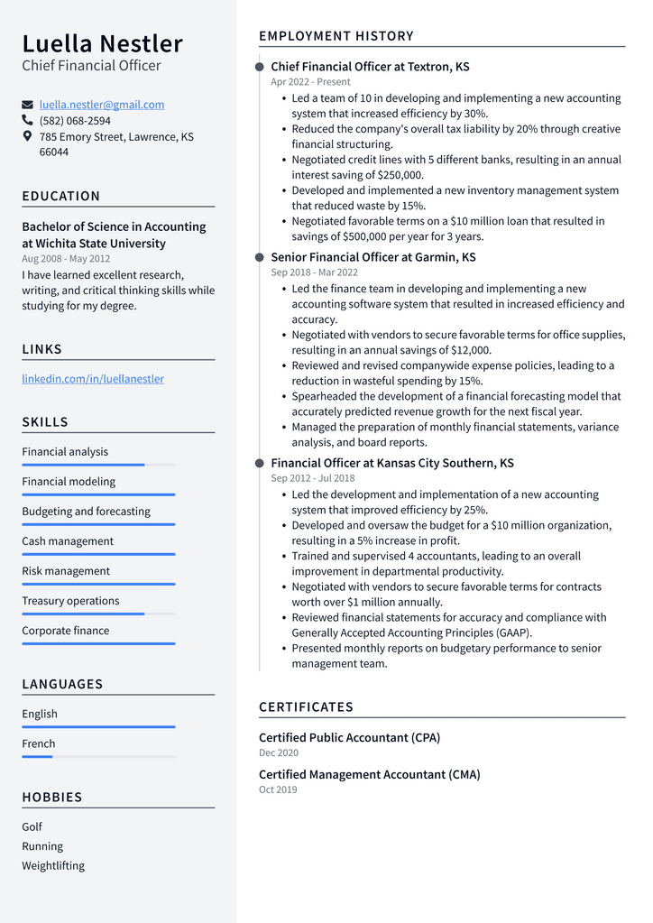 Chief Financial Officer Resume Example