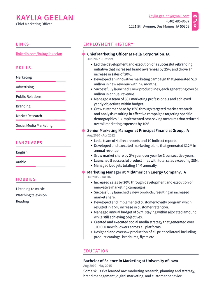 Chief Marketing Officer Resume Example