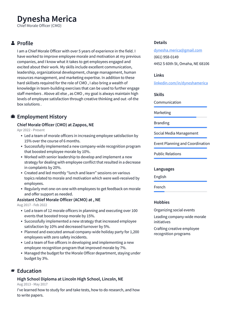 Chief Morale Officer (CMO) Resume Example