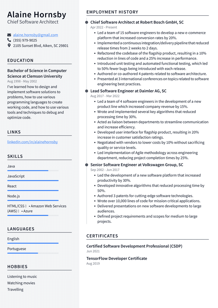 Chief Software Architect Resume Example