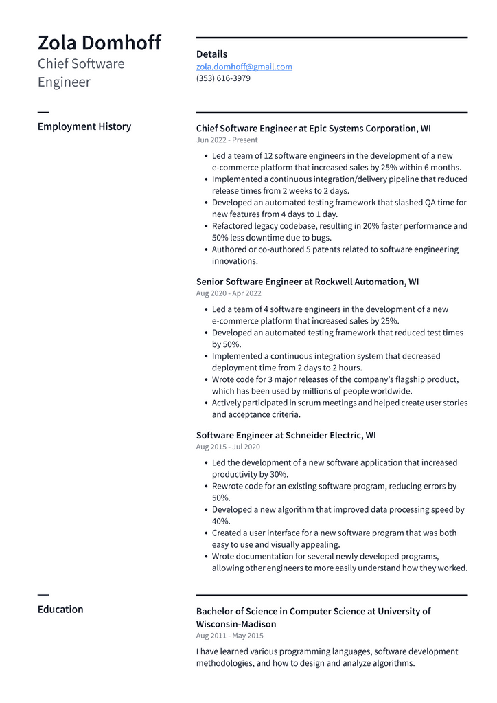 Chief Software Engineer Resume Example