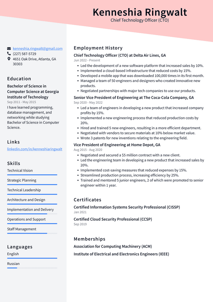 Chief Technology Officer (CTO) Resume Example