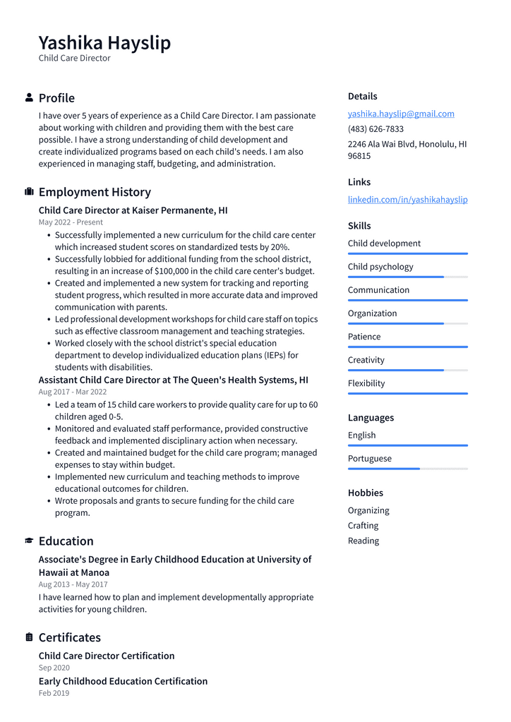 Child Care Director Resume Example