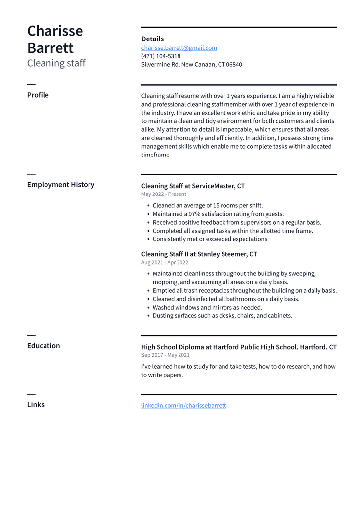 Cleaning staff Resume Example