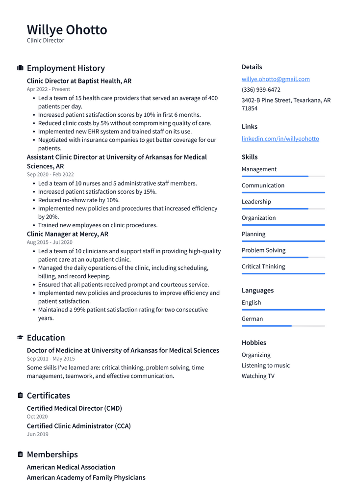 Clinic Director Resume Example