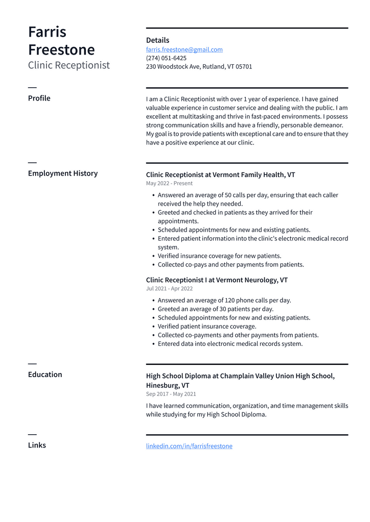 Clinic Receptionist Resume Example