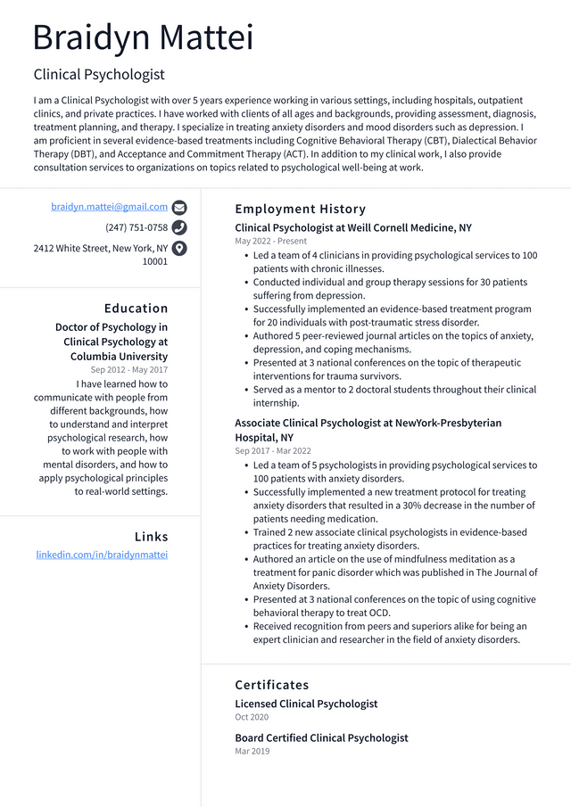 psychologist personal statement cv