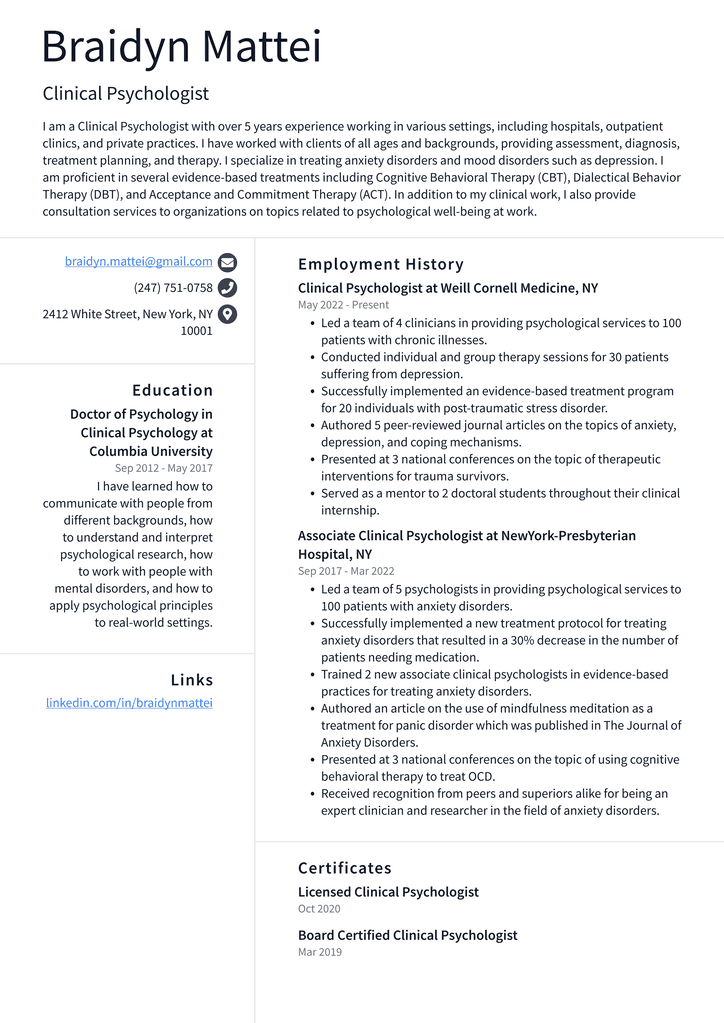 Clinical Psychologist Resume Example
