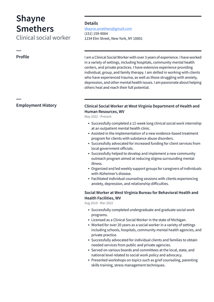 Clinical social worker Resume Example