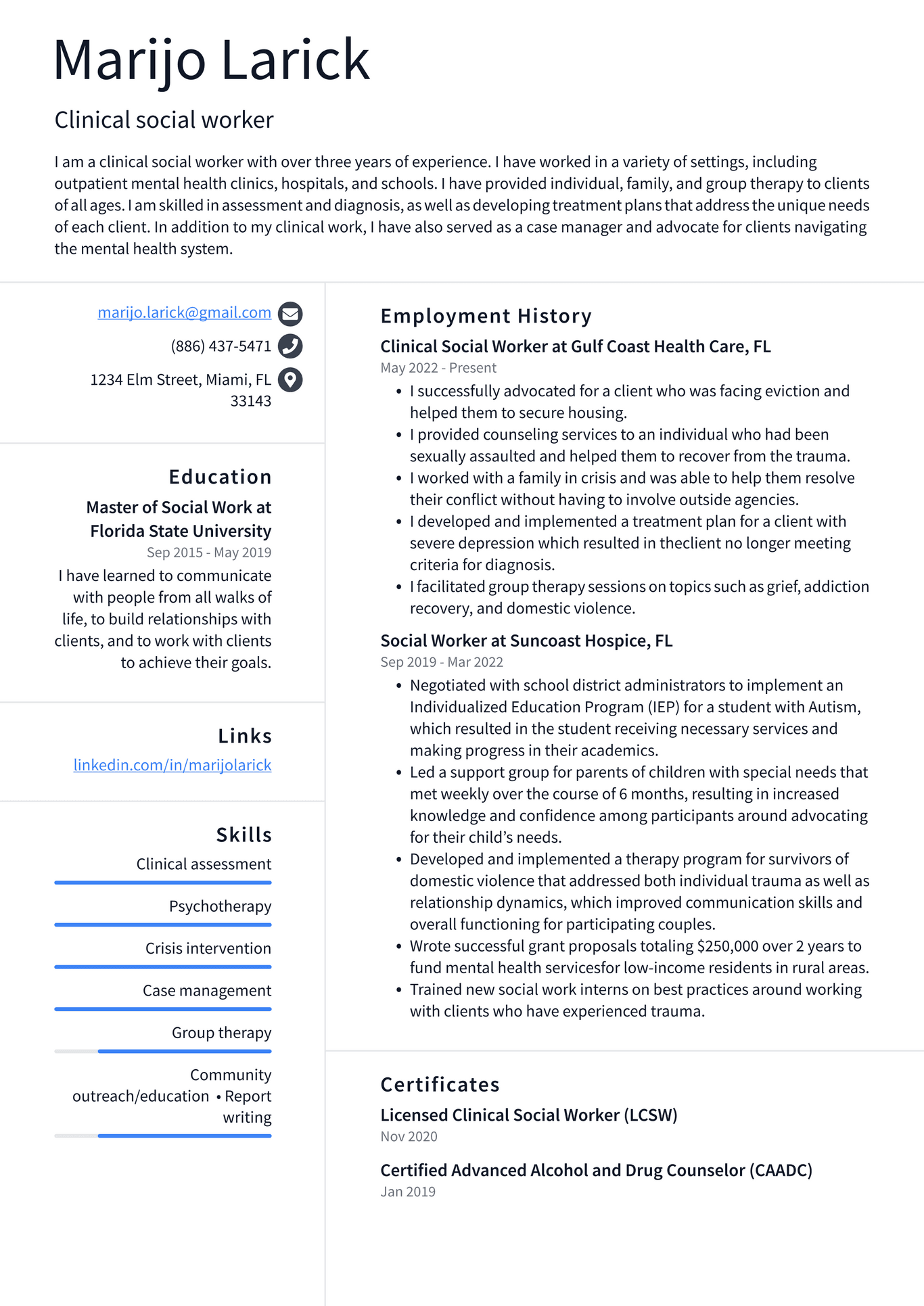 hospital social worker resume skills