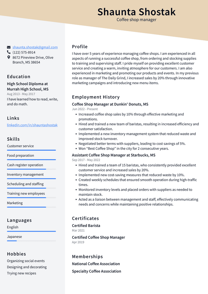 Coffee shop manager Resume Example