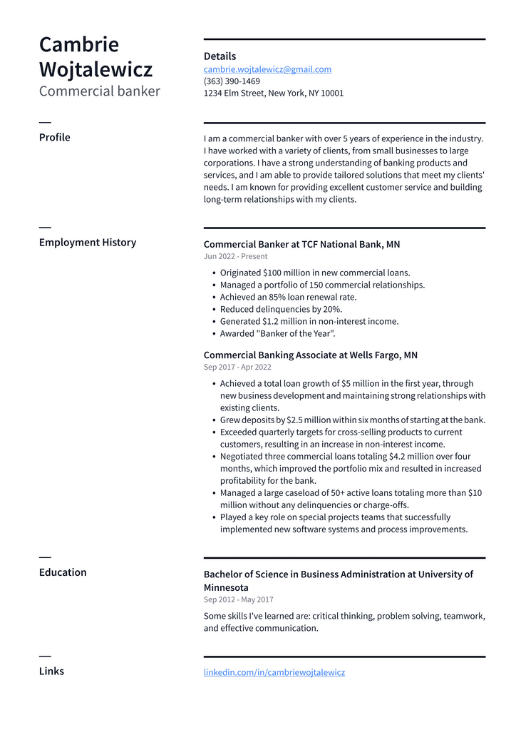 Commercial banker Resume Example
