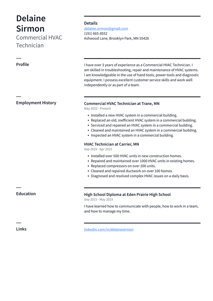 Commercial HVAC Technician Resume Example