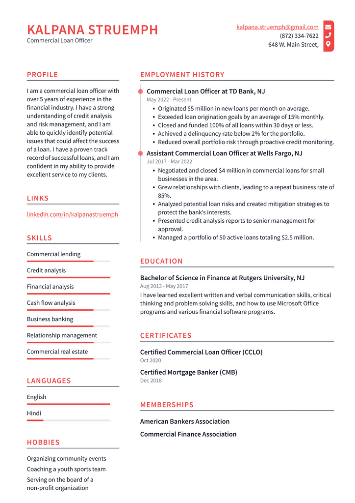 Commercial Loan Officer Resume Example