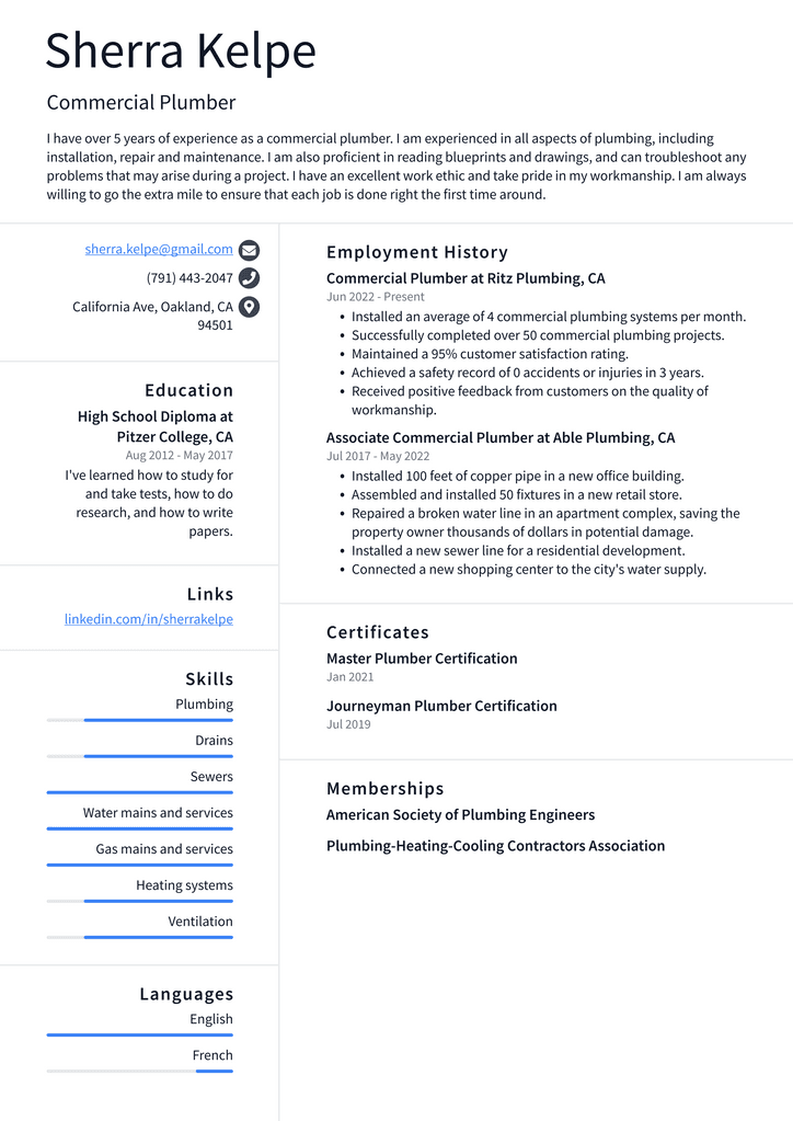 Commercial Plumber Resume Example