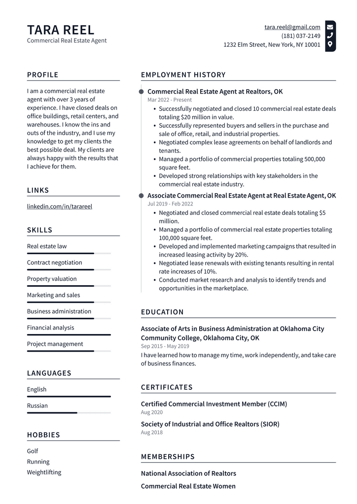 Commercial Real Estate Agent Resume Example