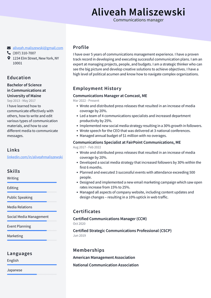 Communications manager Resume Example