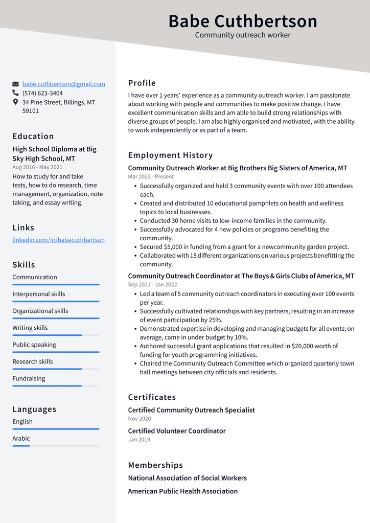 Community outreach worker Resume Example