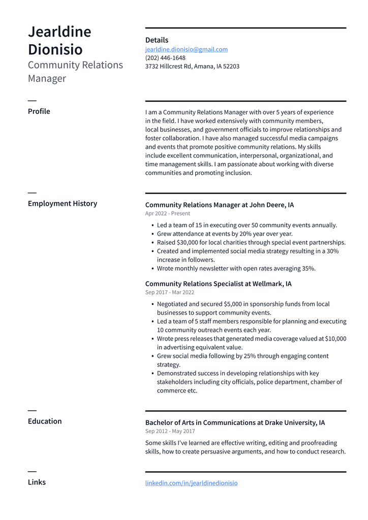 Community Relations Manager Resume Example