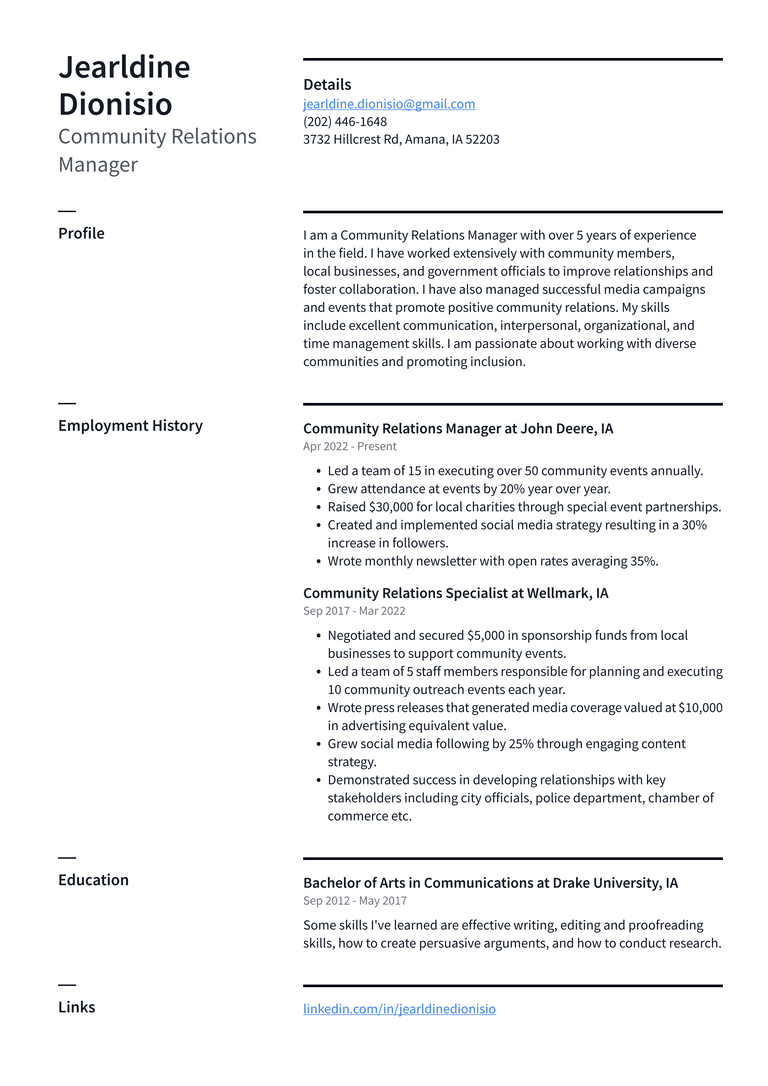 Community Outreach Coordinator - Community Relations Manager Resume Example 3YQJO 768w 