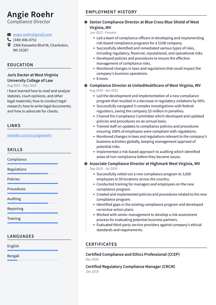 Compliance Director Resume Example