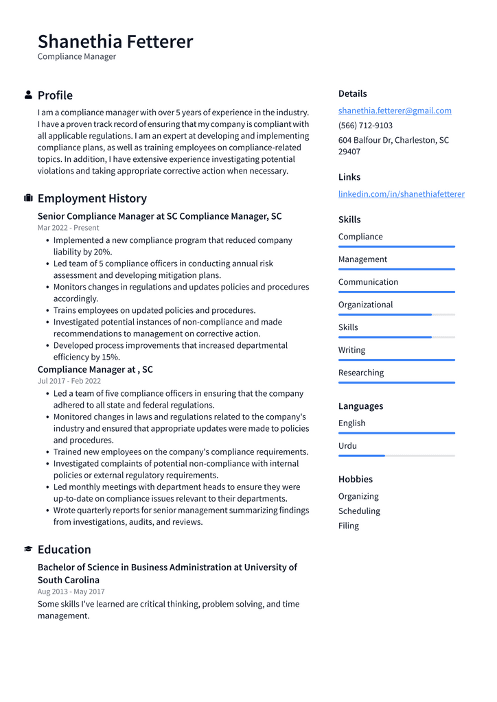 Compliance Manager Resume Example