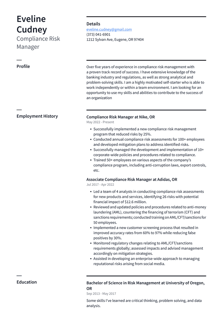 Compliance Risk Manager Resume Example