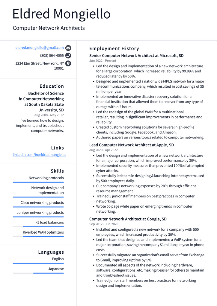 Computer Network Architects Resume Example