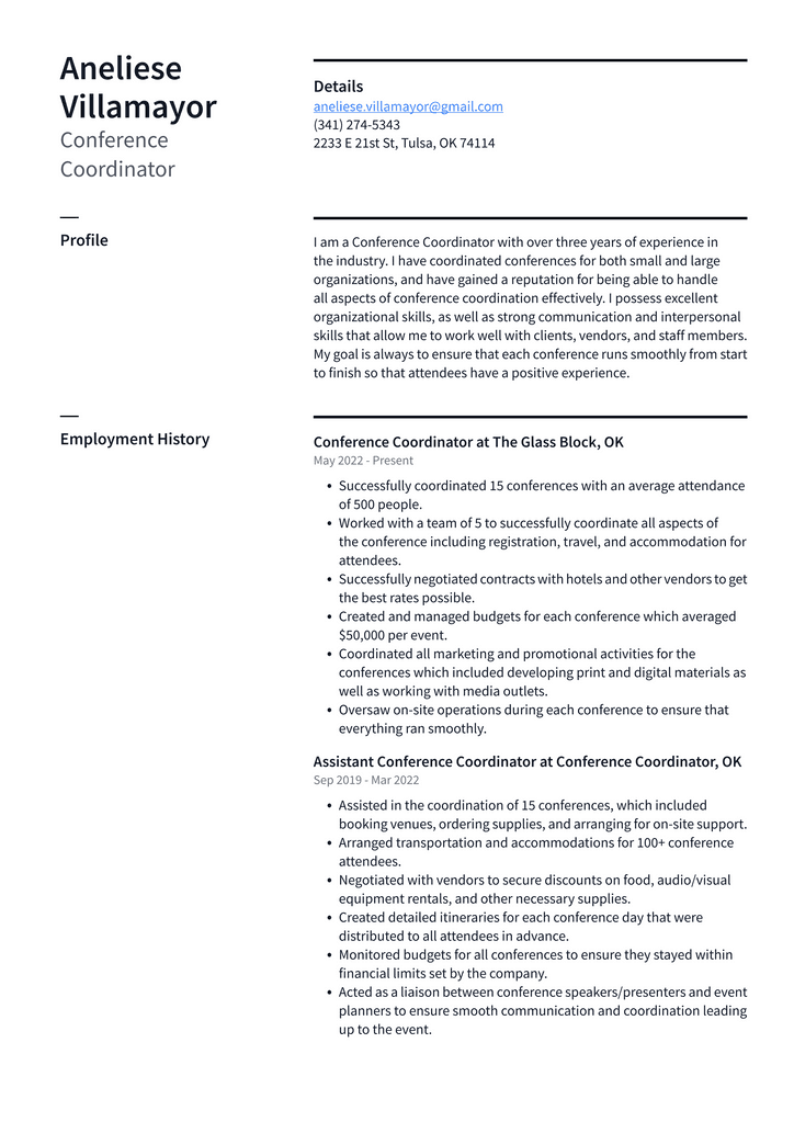 Conference Coordinator Resume Example