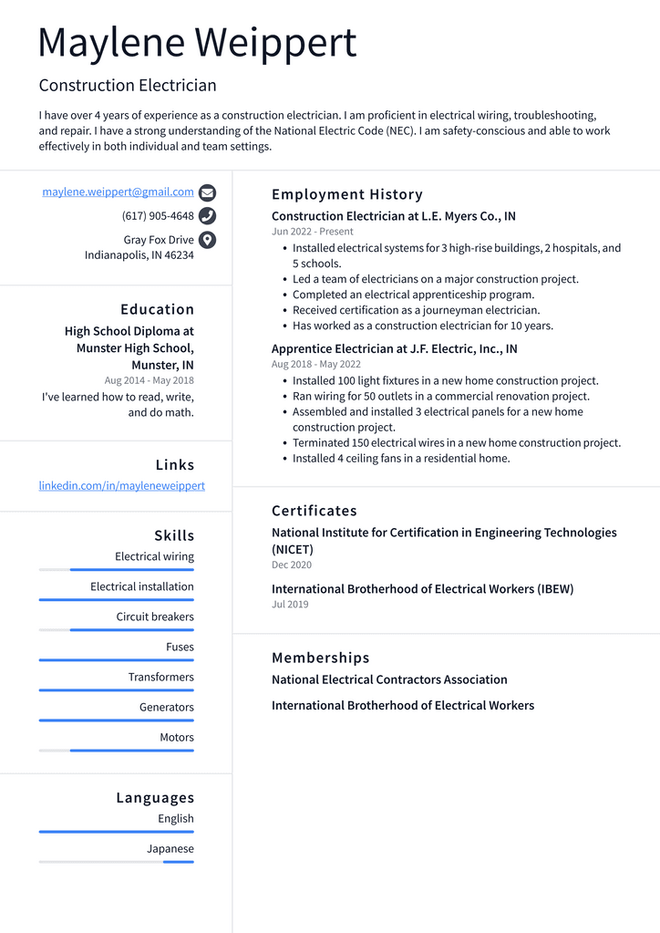 Construction Electrician Resume Example