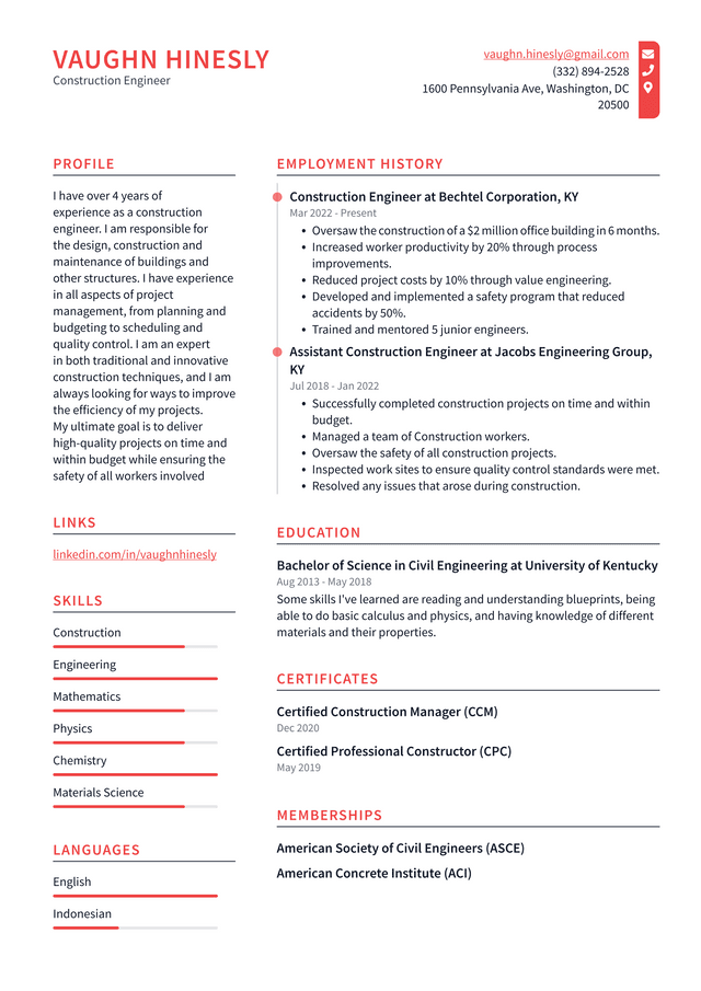 Construction Manager Resume Example and Writing Guide