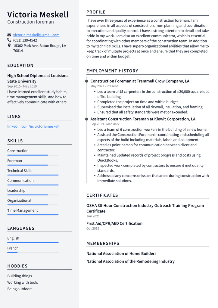 Construction foreman Resume Example