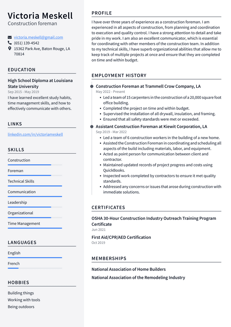 Construction Resume Example and Writing Guide - ResumeLawyer